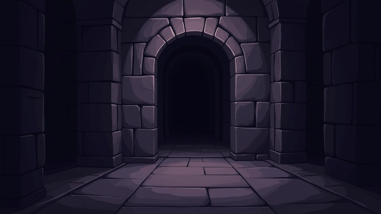 Illustration: a dim, old stone holding room in a historic building's basement.