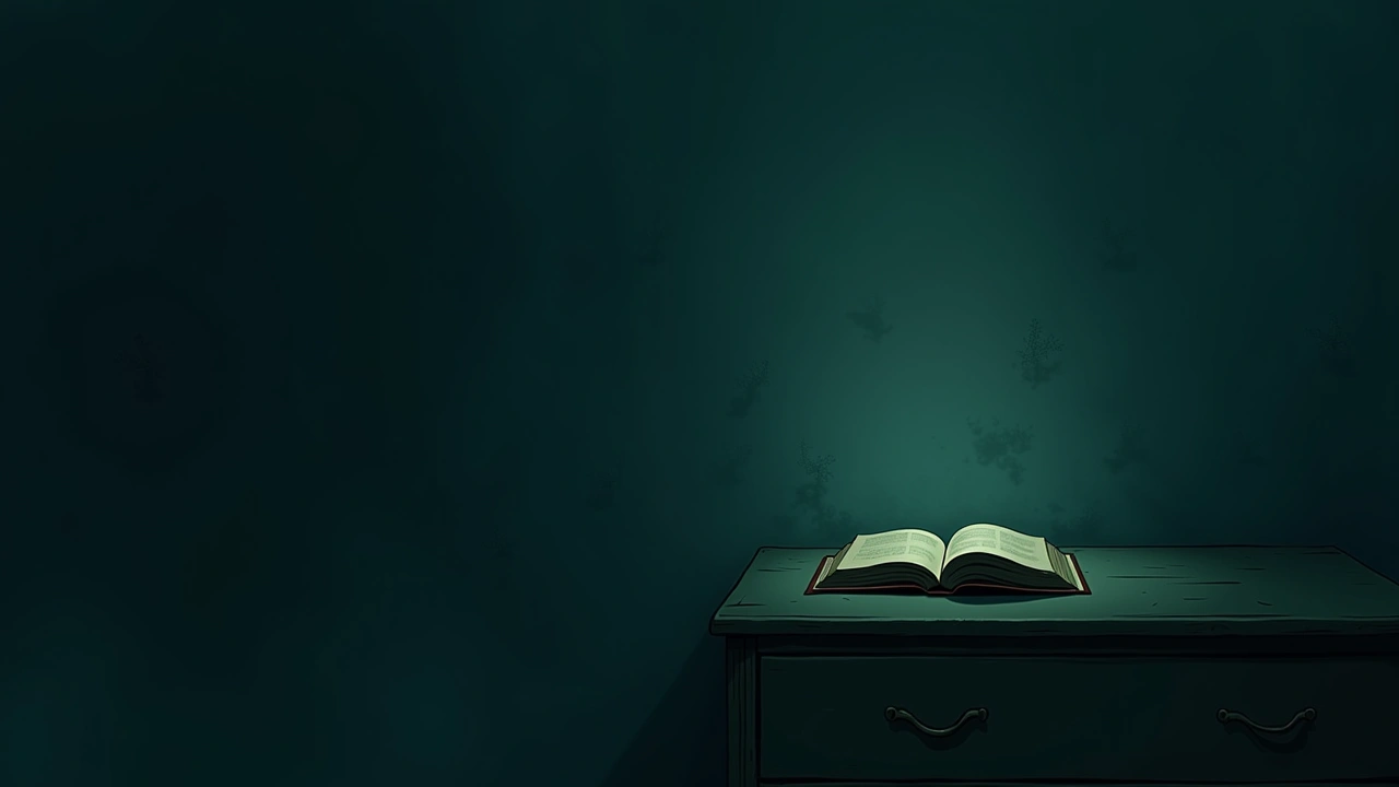 Illustration: An old prayer book resting in an open dresser drawer, softly lit.