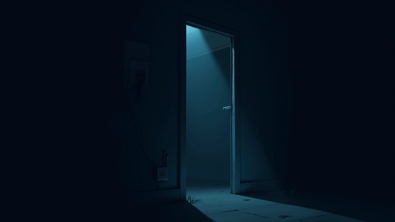 Illustration: an old house at night, a flashlight beam cutting through a dim hallway.
