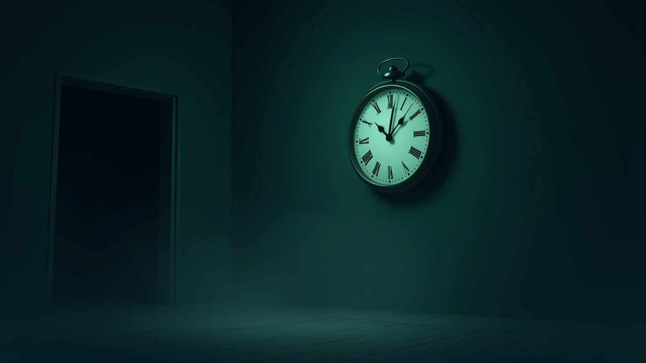 Illustration: an antique wall clock in a dark room of an old house.