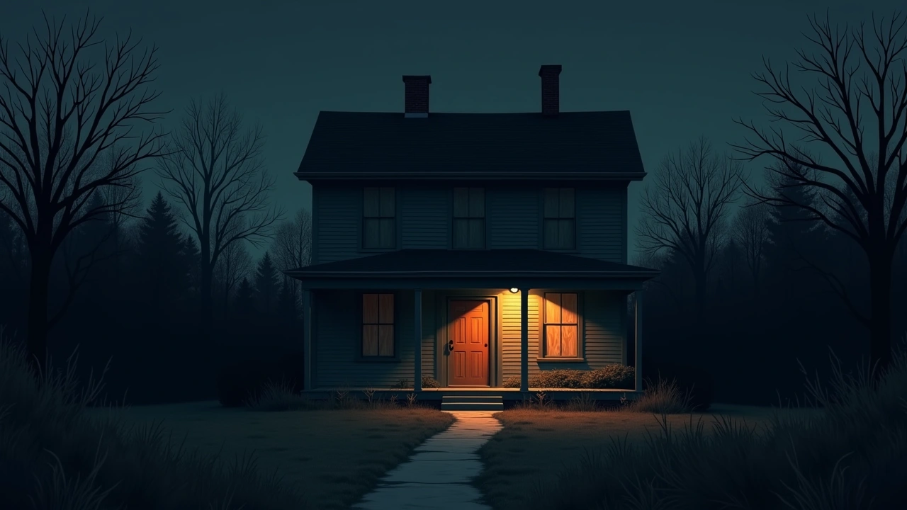 Illustration: a boarded-up house at dusk behind an overgrown front yard.