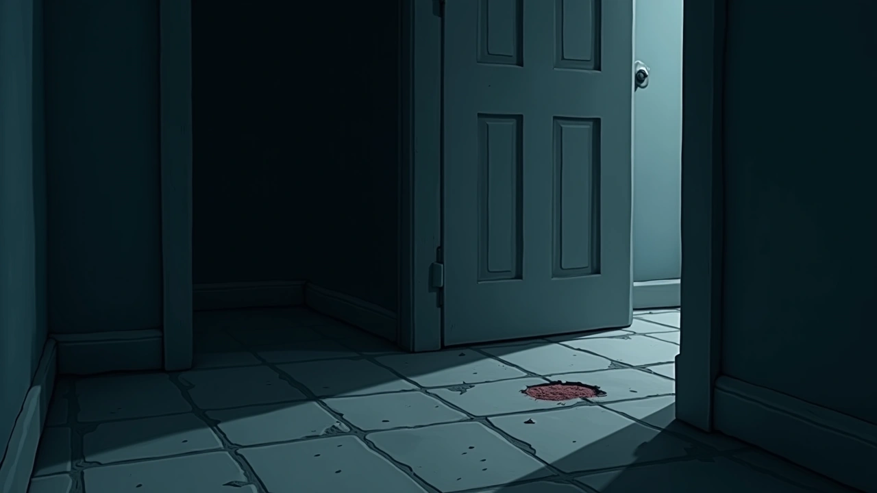 Illustration: A dim hallway in an old house, a piece of broken linoleum tile on the floor near a door.