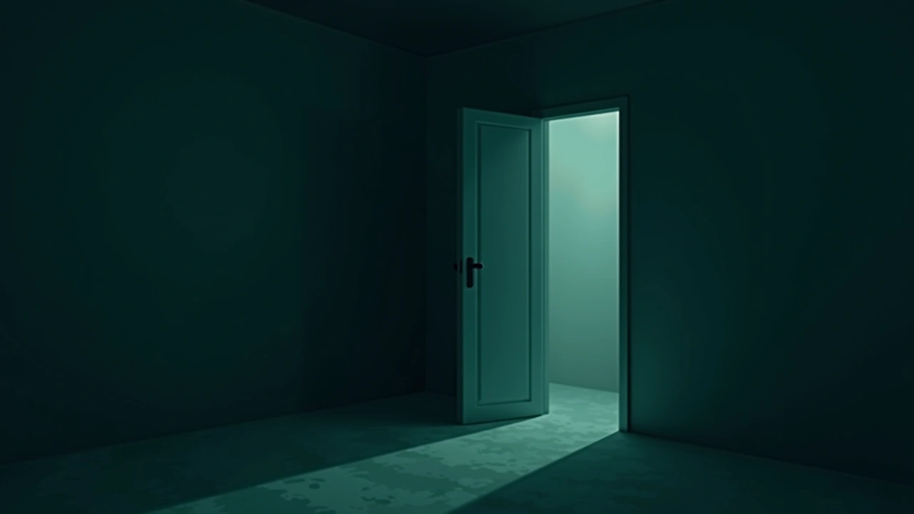 Illustration: a cold, dim bedroom at night with a closed door faintly lit.