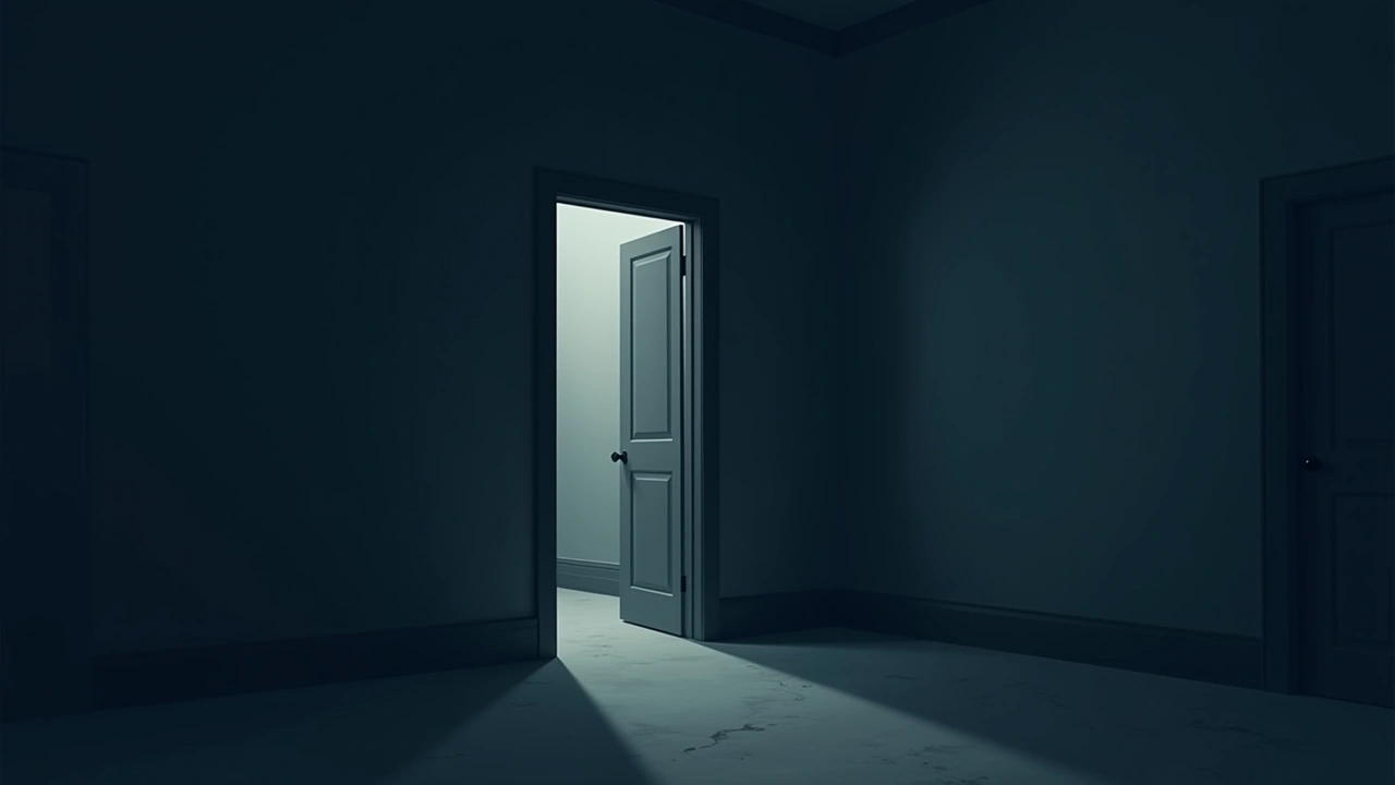 Illustration: a shadowed bedroom closet door left ajar in an old house at night.