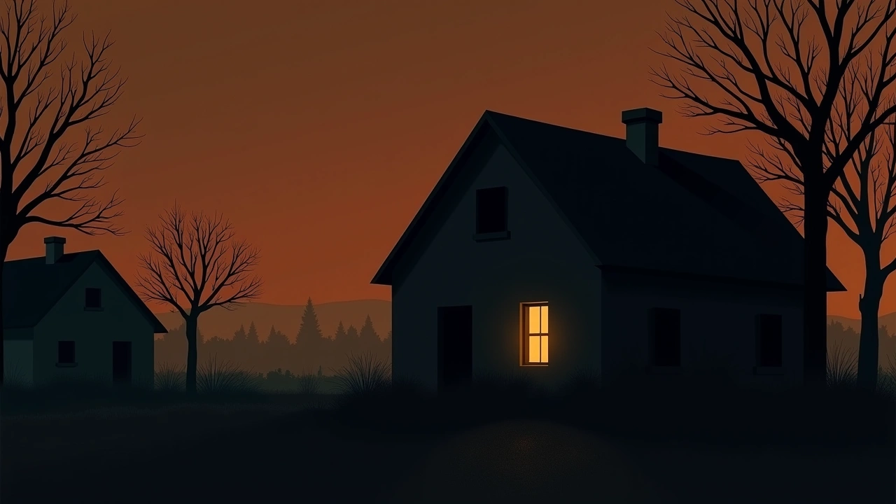 Illustration: a shadowy house at night beside another home, a single lit window glowing in the dark.