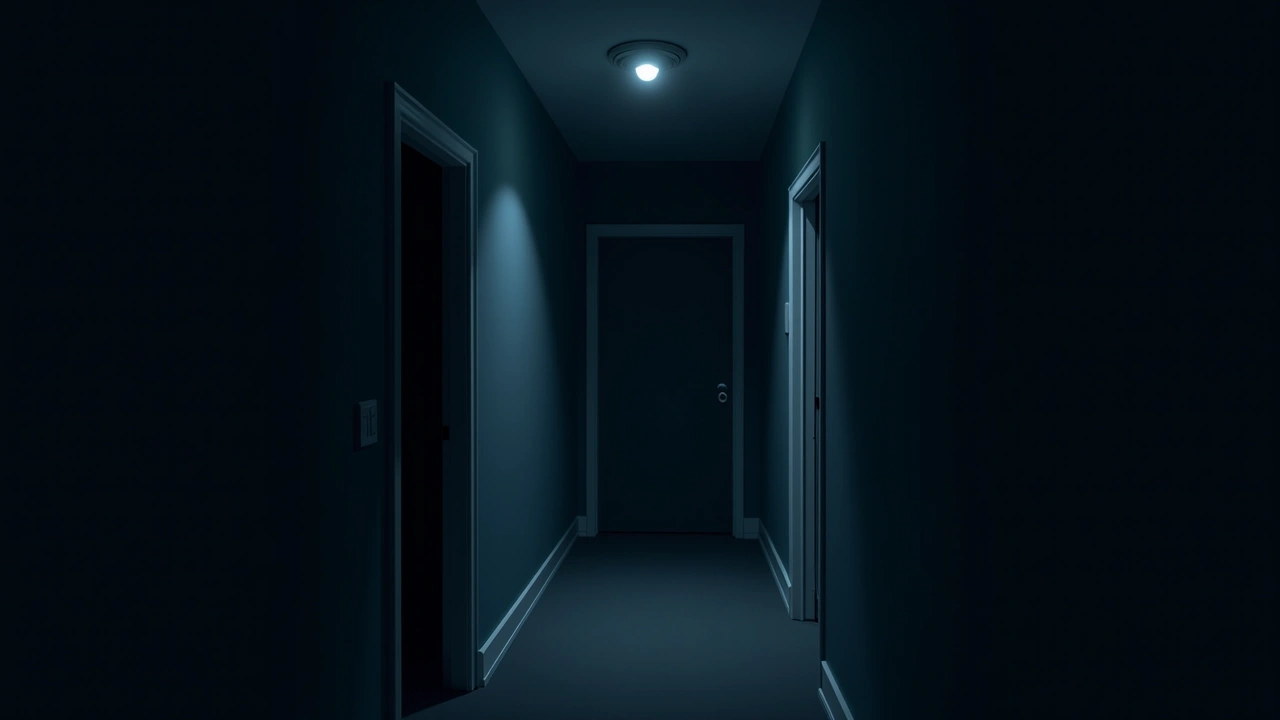 Illustration: an upstairs hallway of an older house at night, a single light left on.