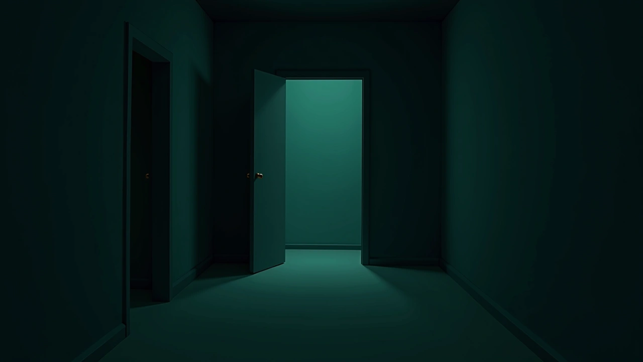 Illustration: a dim, empty bedroom at night with a closed door slightly ajar down the hallway.