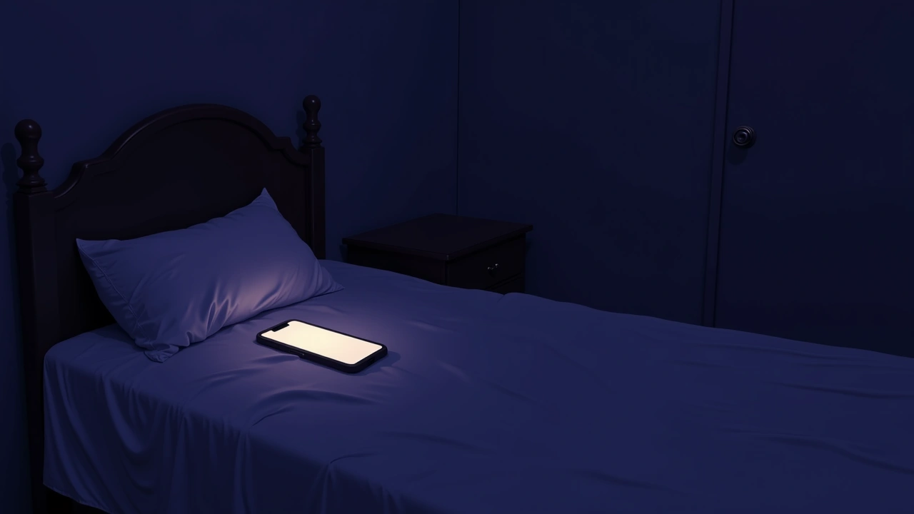 Illustration: a phone glowing on a bed in a dim bedroom during a late-night ghost-hunting session.