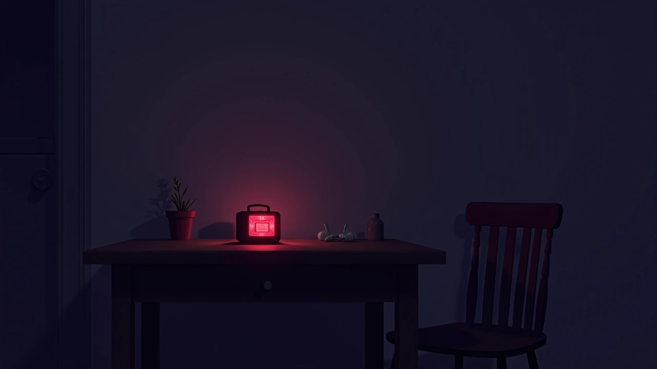 Illustration: a small device glowing red on a wooden kitchen table at night.