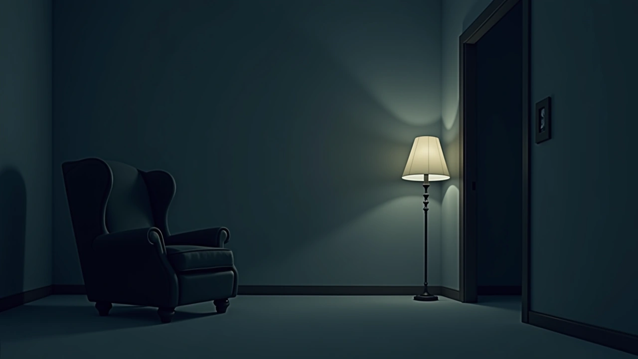 Illustration: a dim, quiet living room at night, an empty armchair in the corner.