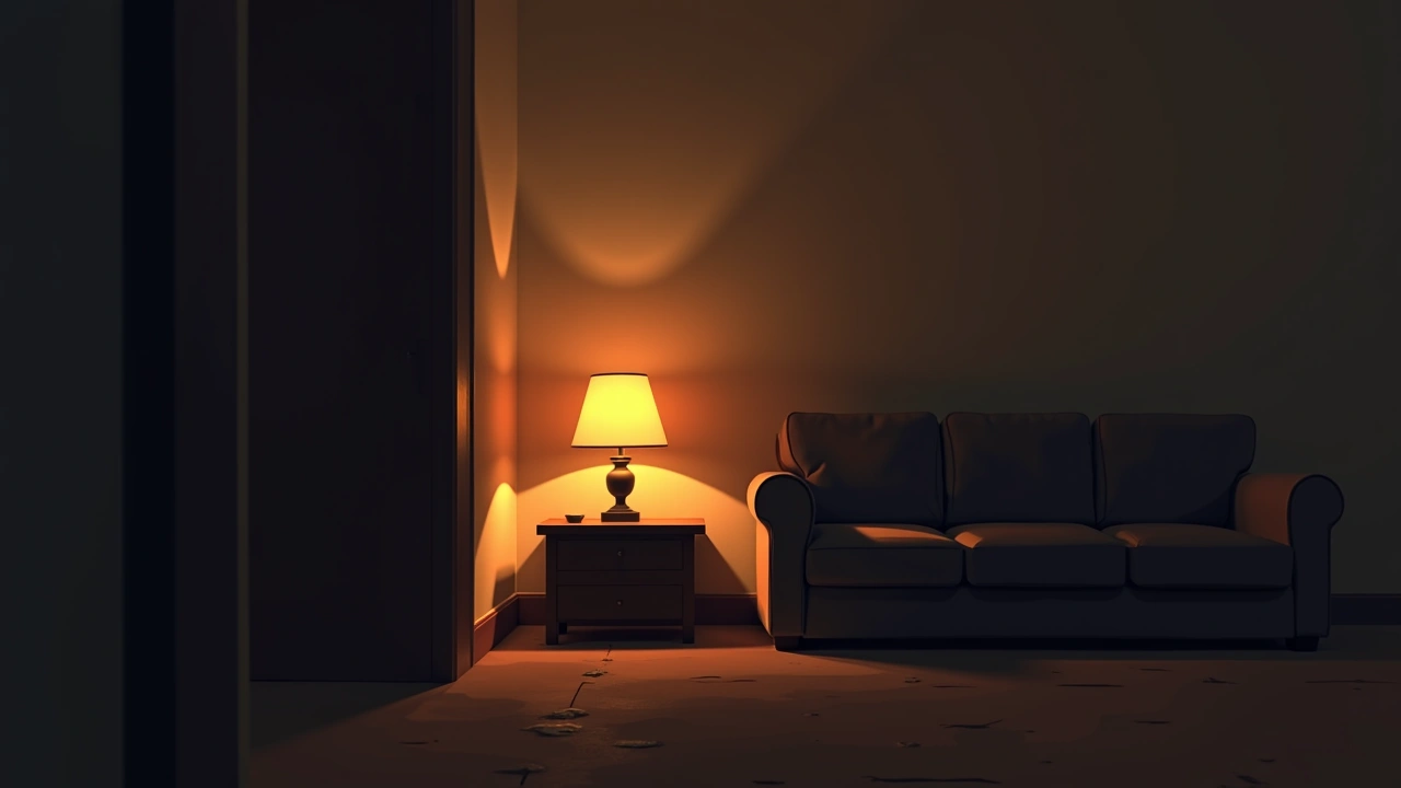 Illustration: a table lamp glowing on by itself in a dim, quiet living room at night.