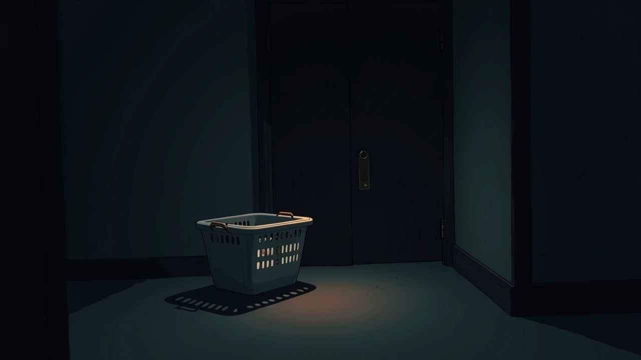 Illustration: a laundry basket seemingly slid across the floor of a dim, quiet room.