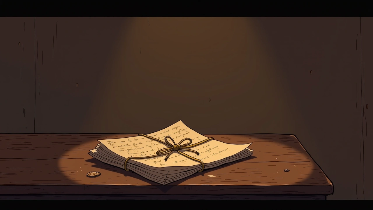 Illustration: a bundle of old handwritten letters tied with string on a wooden table.