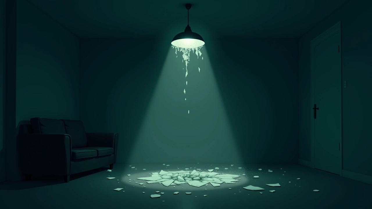 Illustration: a shattered glass ceiling light shade with fragments scattered across a living room floor.