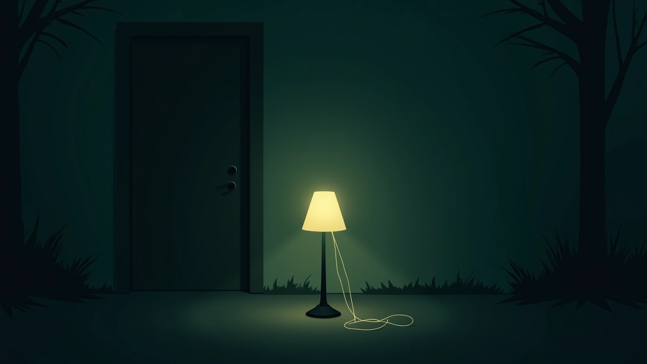 Illustration: a flickering lamp switching on by itself in a dim room as electricity buzzes.
