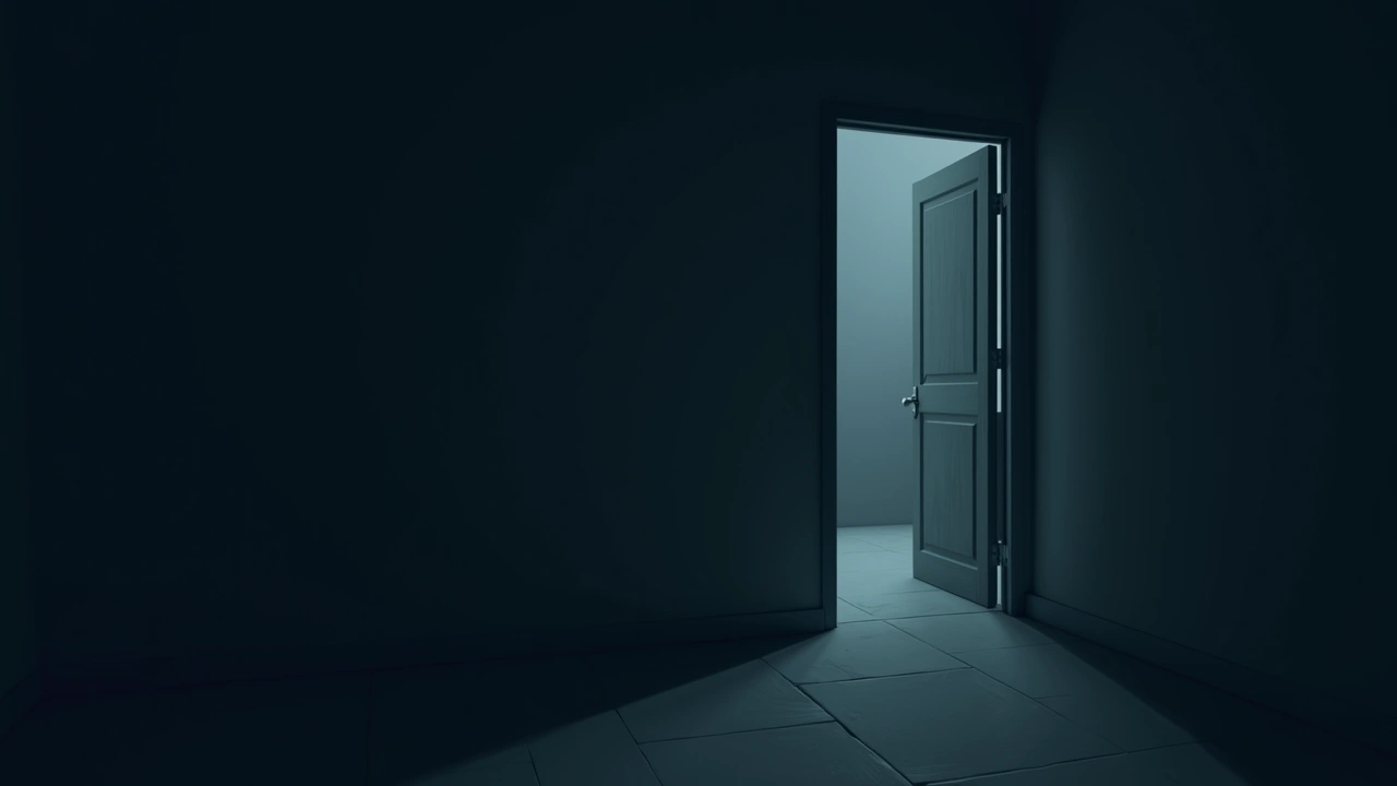 Illustration: a bedroom door standing ajar in a dark apartment hallway.