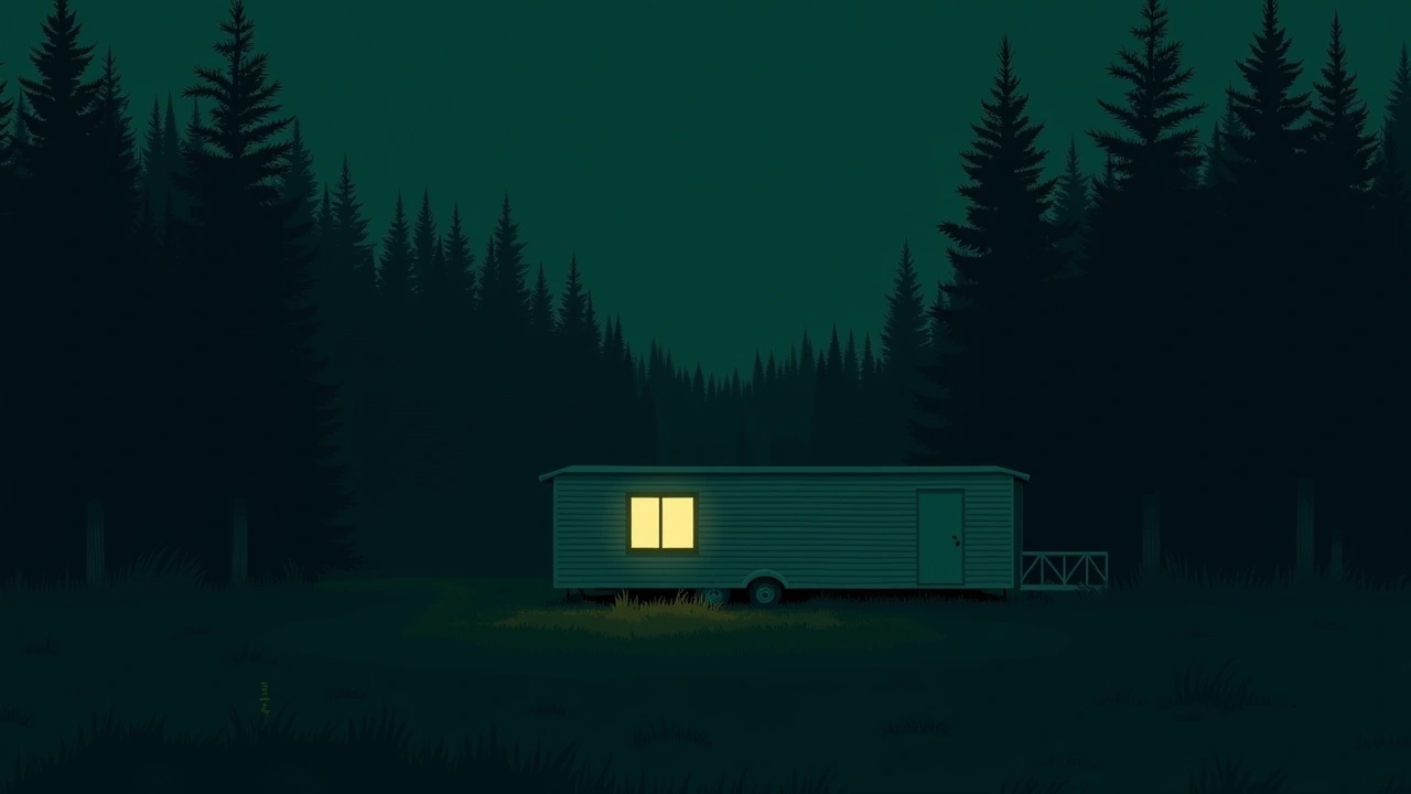 Illustration: a single-wide trailer home at dusk with one lit window.