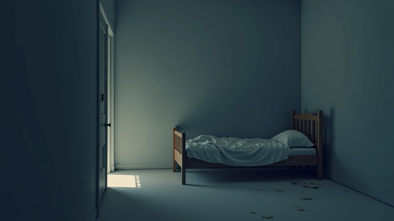 Illustration: a child's bed with a blanket in a dim, quiet bedroom.