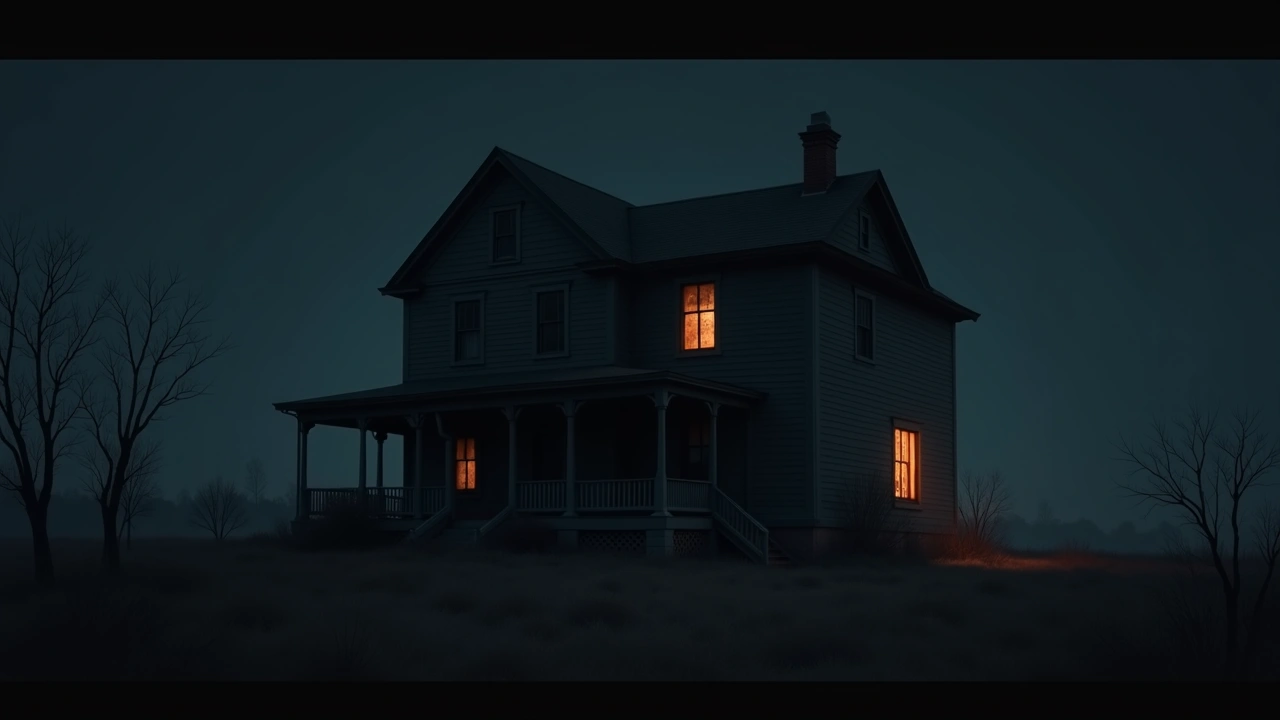 Illustration: a weathered Victorian-era house at night with a single window glowing faintly, otherwise dark and quiet.