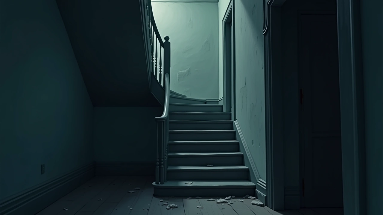 Illustration: a dim Victorian staircase inside an old New England house.