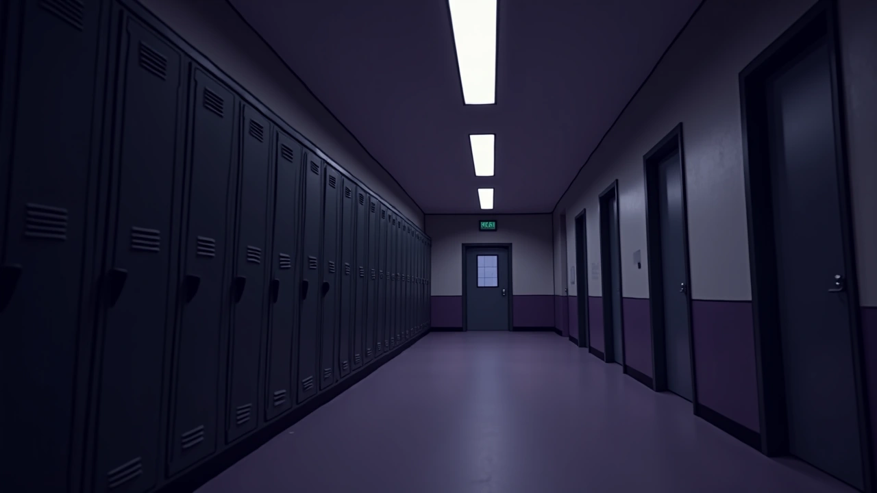 Illustration: a row of metal school lockers under fluorescent light, a classroom door with a small window at the end of the hall.