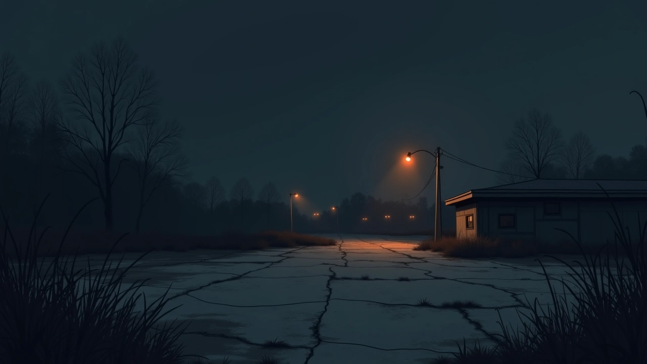 Illustration: an empty lot of cracked concrete and weeds at dusk, where a building once stood.