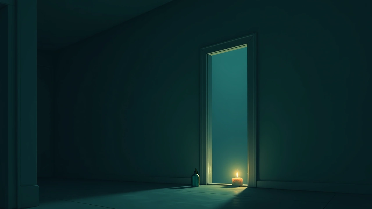 Illustration: a family home hallway at night, a candle and a small bottle of holy water set near the doorway.