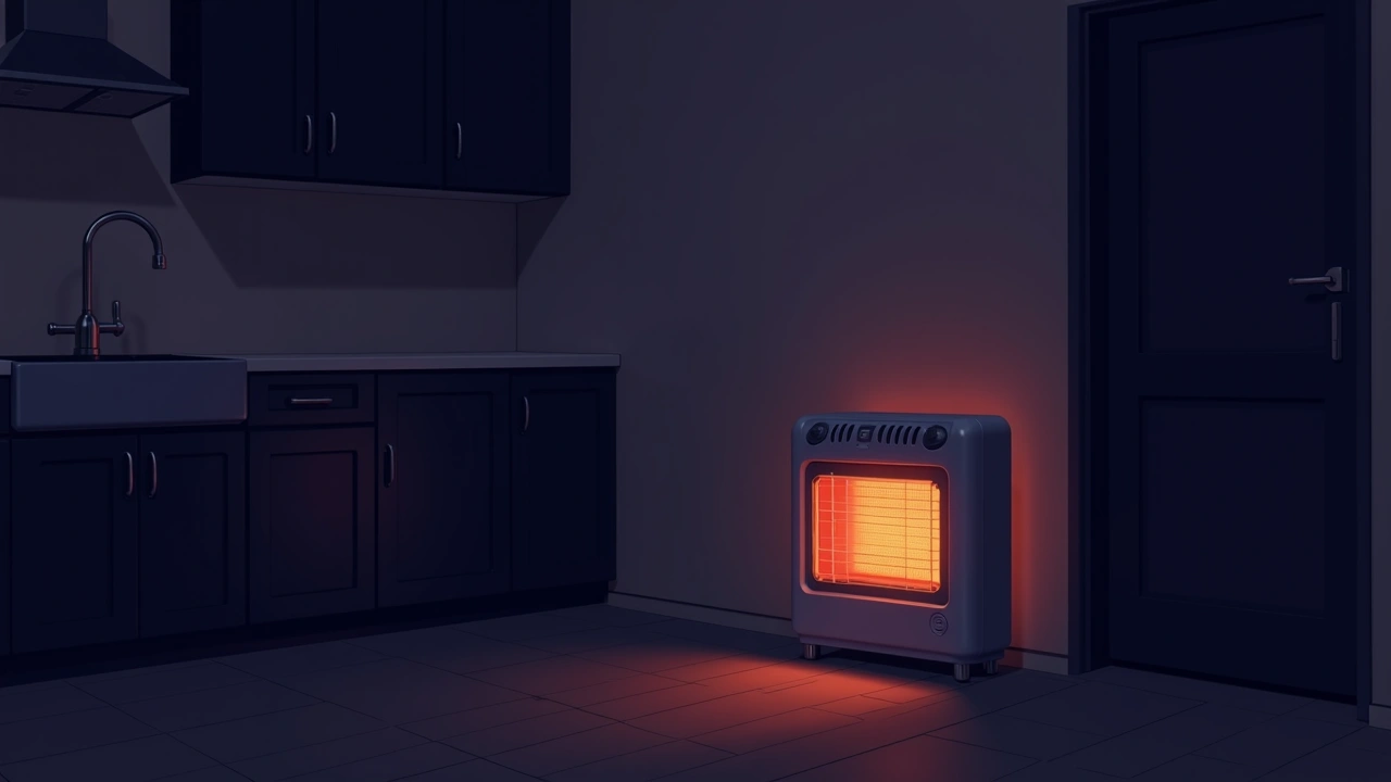 Illustration: A gas heater glowing warmly in an empty, dimly lit kitchen at night.