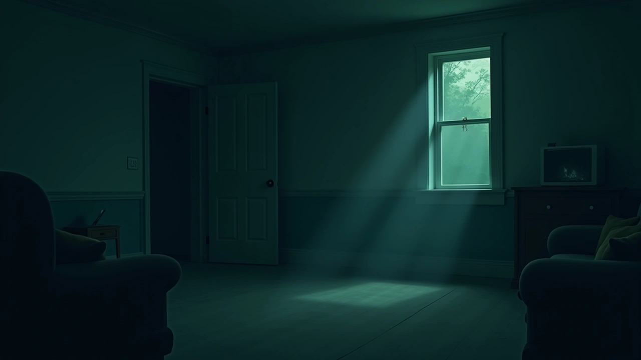 Illustration: a quiet living room in an older house at dusk, suggesting an unseen presence.