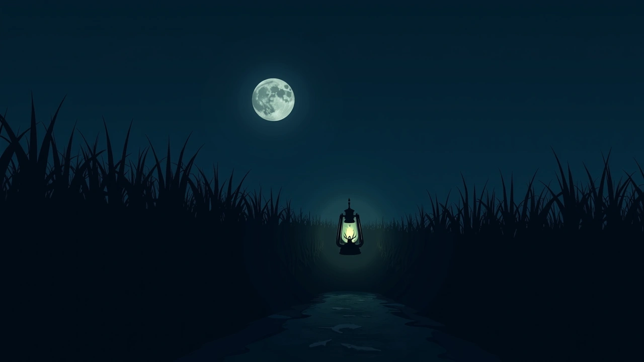 Illustration: A moonlit cornfield at night with a lone lantern glowing faintly among the stalks.