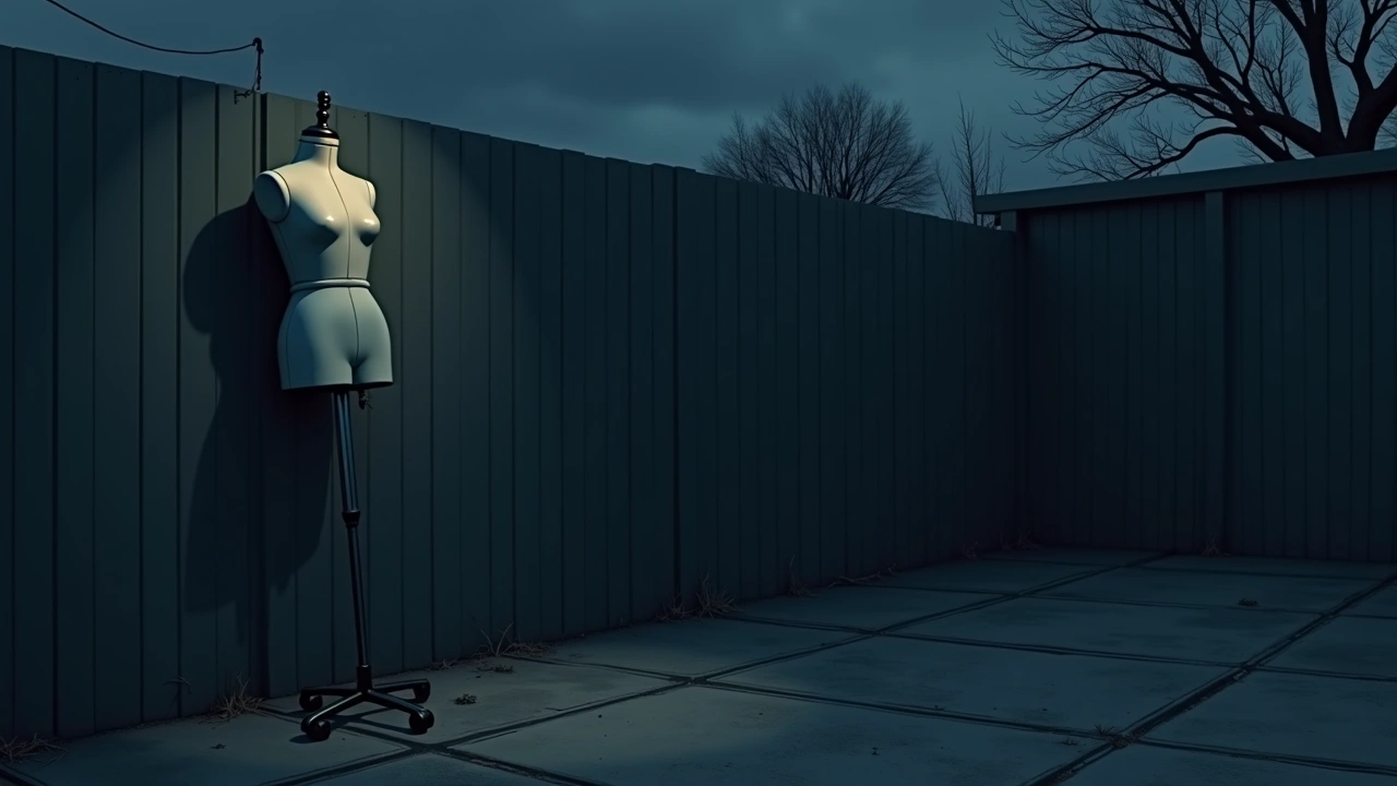 Illustration: a discarded shop mannequin propped against a garden wall at dusk.