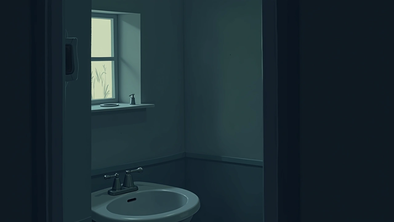 Illustration: streaked marks across a bathroom mirror in dim light.