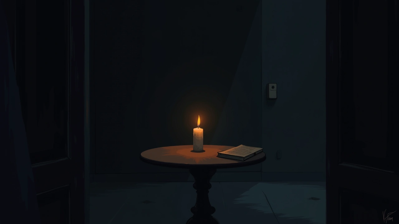 Illustration: a small round table lit by a single candle in a quiet, dim reading room.