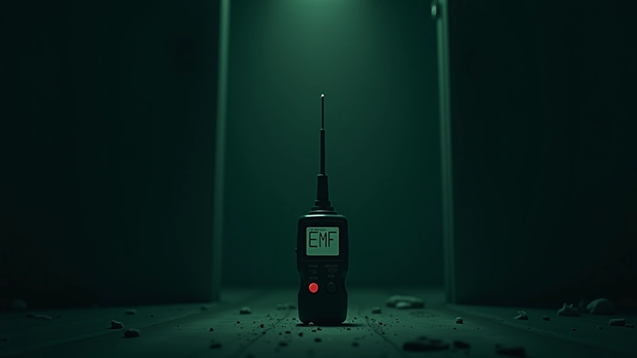 Illustration: A handheld EMF meter with its needle pinned at the top, in a dim room.