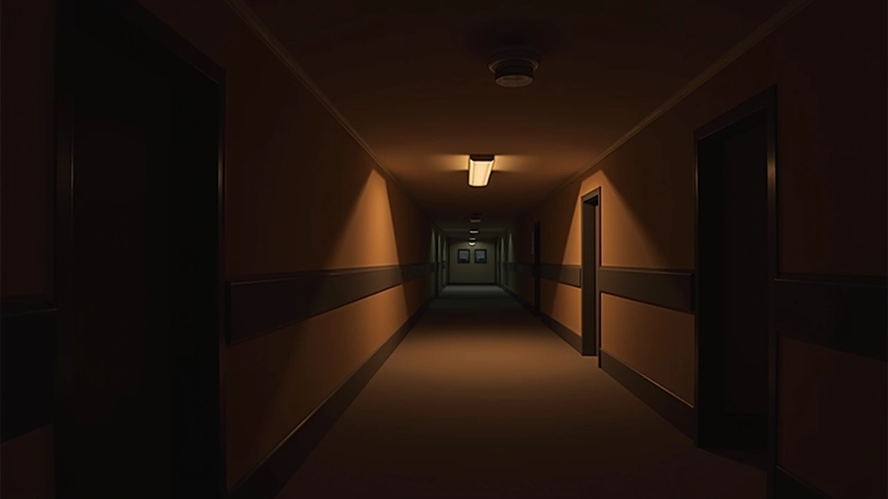 Illustration: a dim hospital hallway at night, empty and quiet.