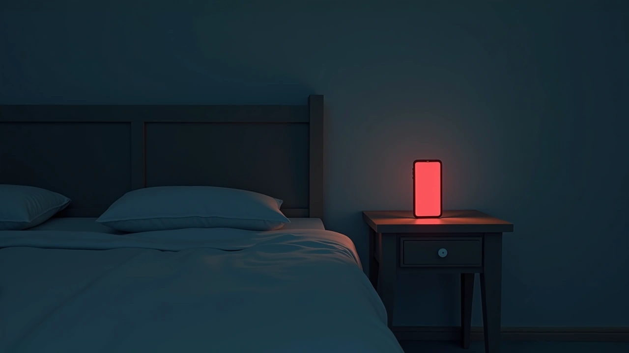 Illustration: a phone glowing red on a nightstand beside a bed at night.