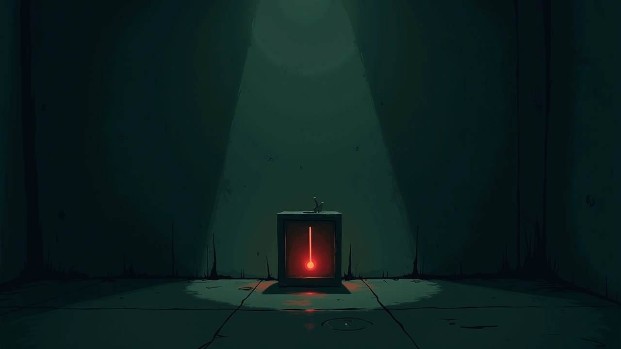 Illustration: a spirit-box meter needle swinging into the red zone in a dim room.