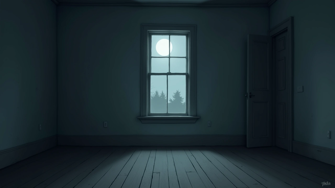 Illustration: a dim room in an old colonial-era house, moonlight coming through a window.