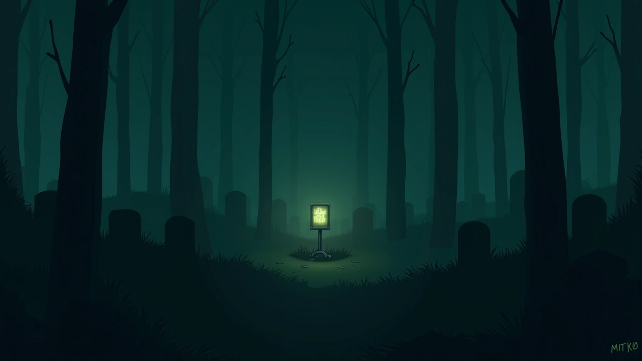 Illustration: a quiet cemetery at dusk, a small glowing device resting among the gravestones.