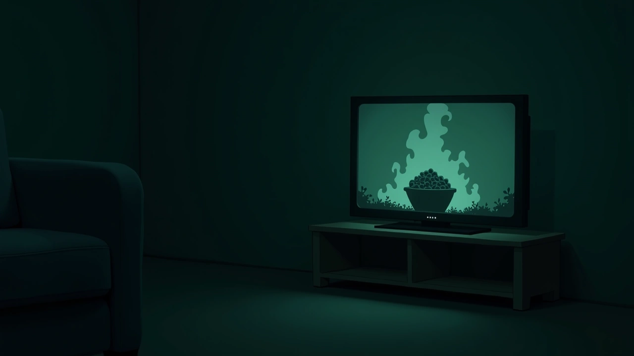 Illustration: an urn of ashes on a shelf beside a television screen in a dim living room.