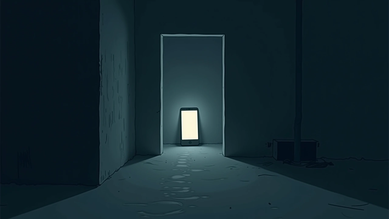 Illustration: a dim basement with a phone screen glowing brightly in the dark.