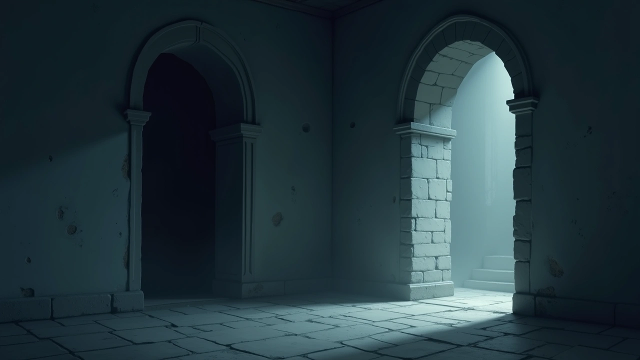 Illustration: a dim stone room inside an old castle, empty and quiet.