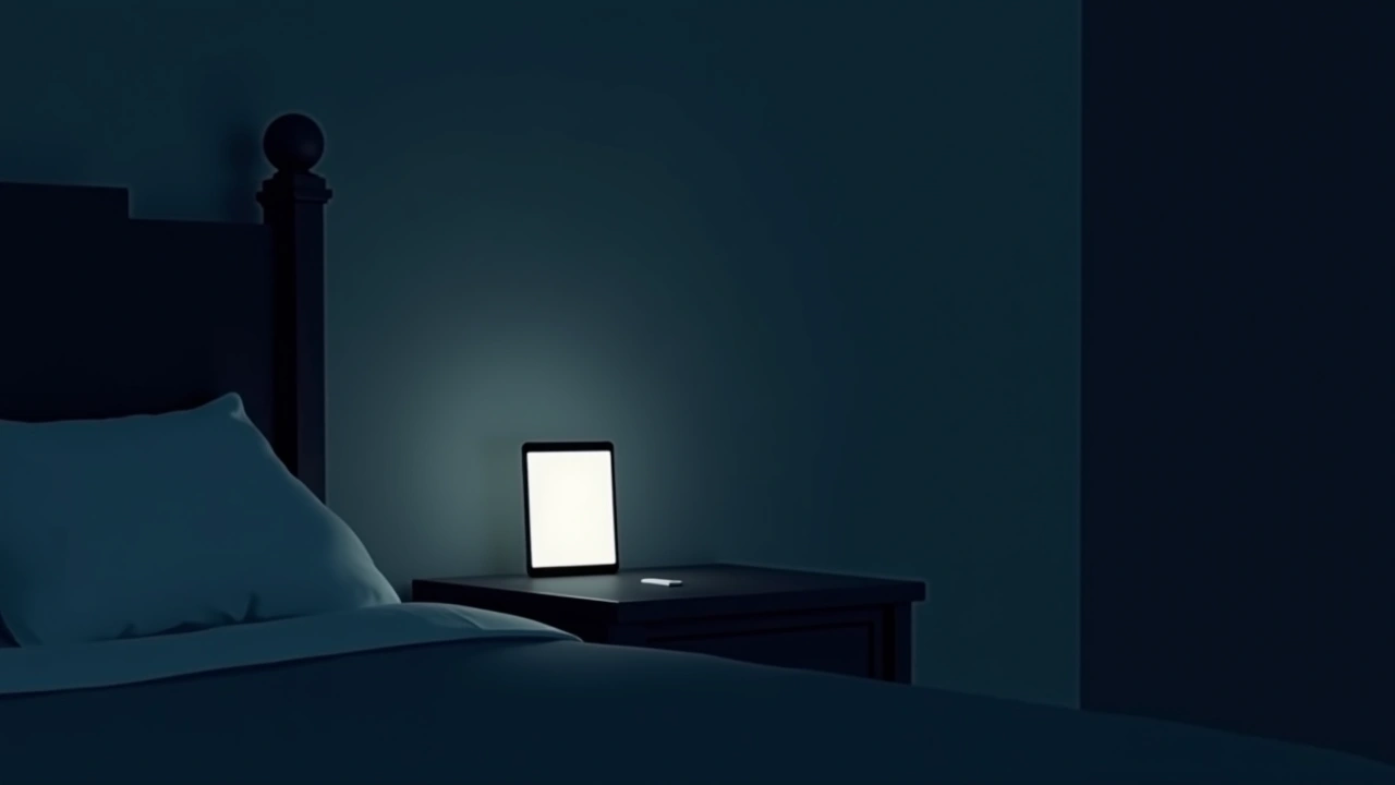 Illustration: a smartphone glowing alone on a nightstand in a dark bedroom.