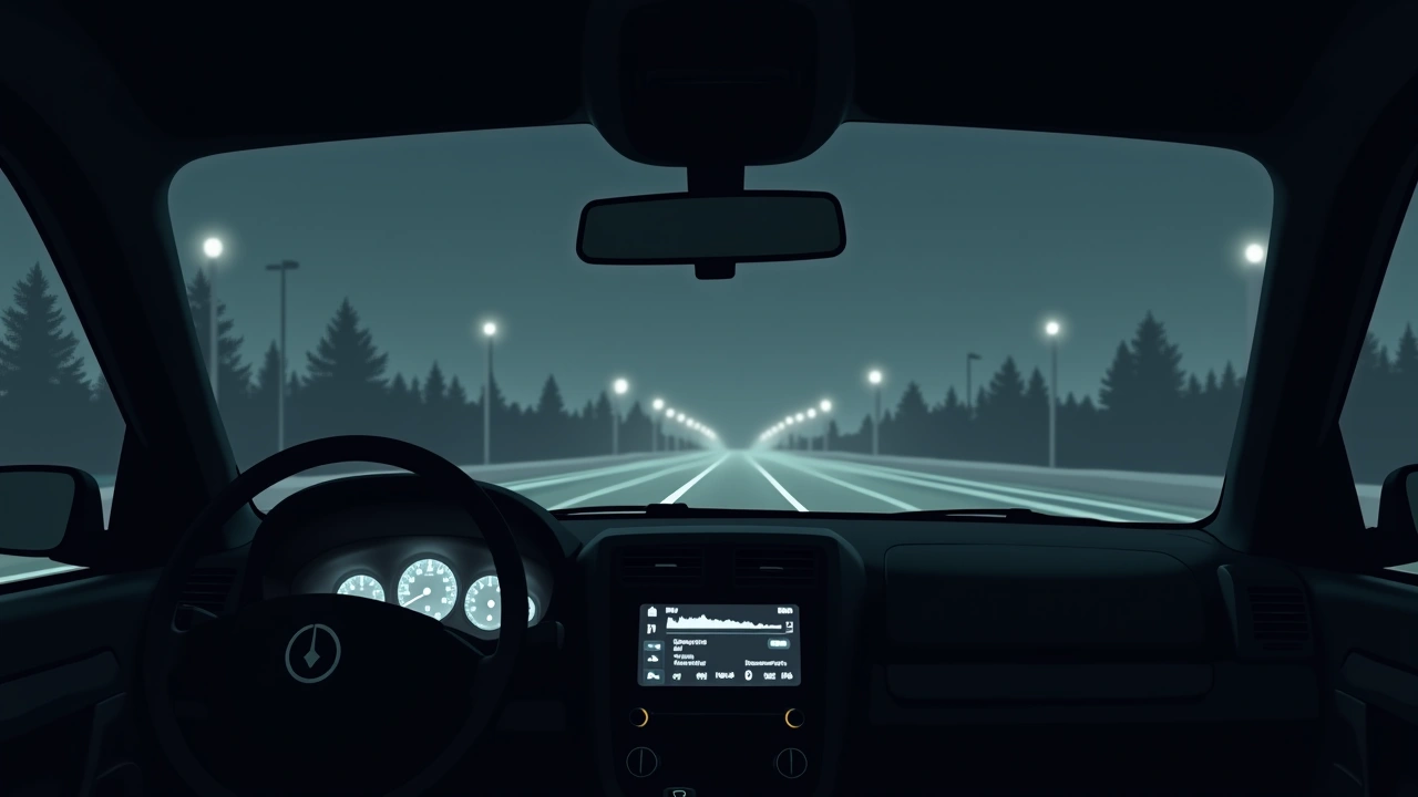 Illustration: the interior of a parked car at night, dashboard lights glowing, seen in an empty office parking lot.