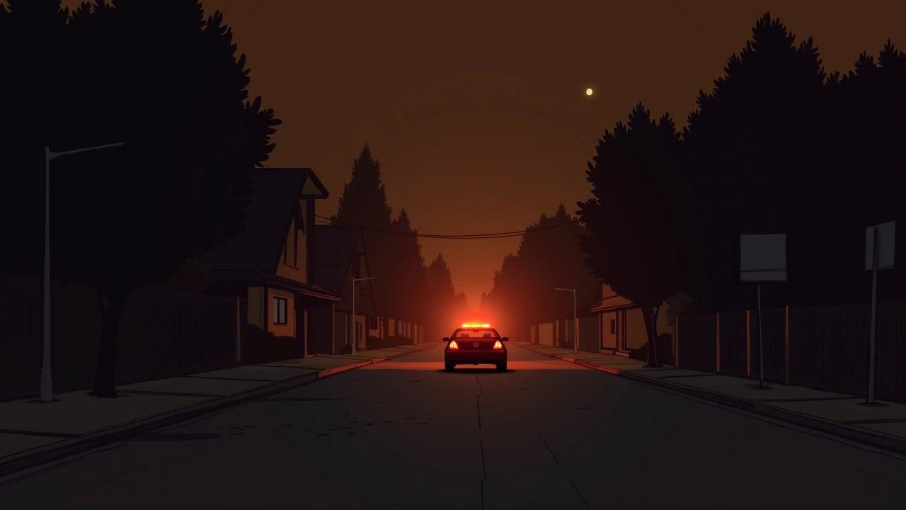 Illustration: an empty street at night lit by a distant police car's flashing lights.