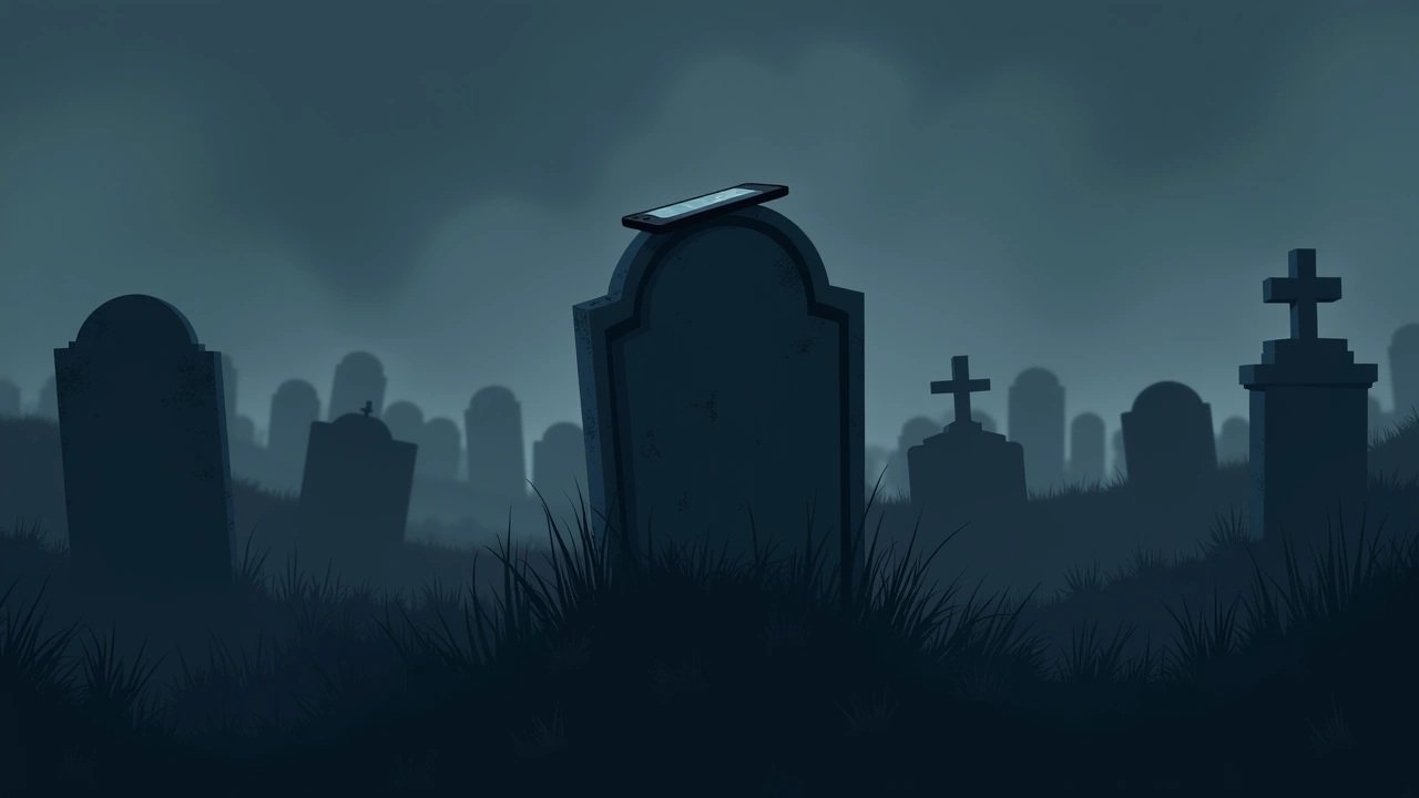 Illustration: a weathered gravestone in a quiet cemetery at dusk, a phone resting on top.