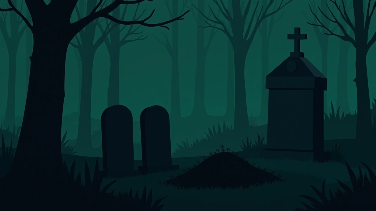 Illustration: a cemetery at dusk, a freshly filled grave beside a double headstone.