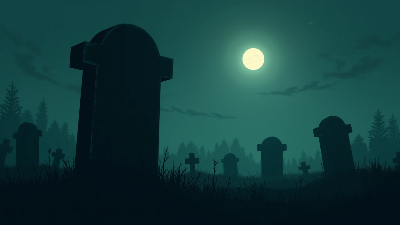 Illustration: a weathered gravestone in a quiet cemetery at dusk.