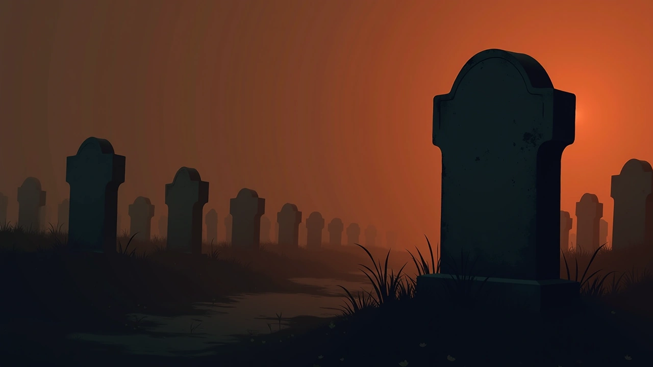 Illustration: rows of weathered cemetery headstones, one in soft focus in the foreground.