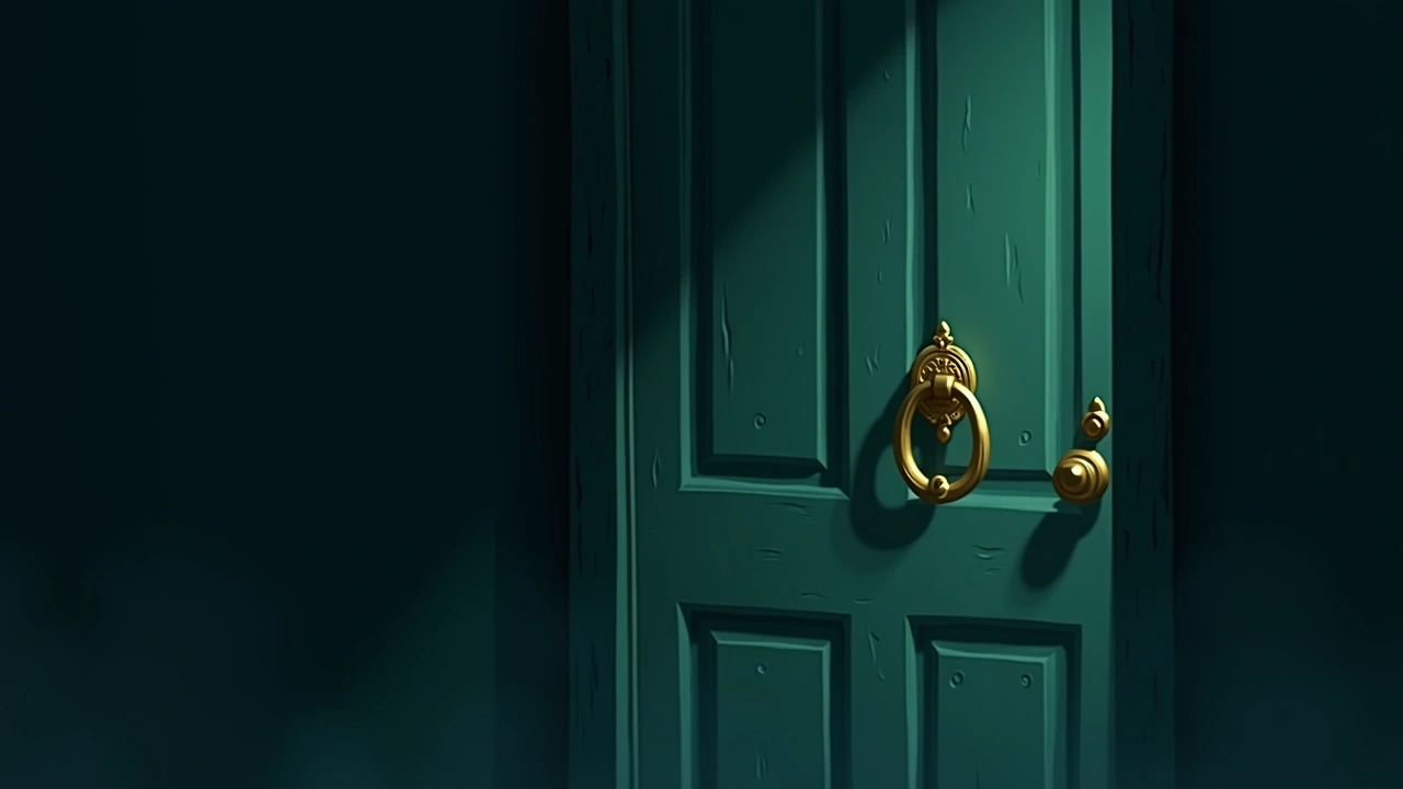 Illustration: an ornate golden door knocker on a weathered front door.